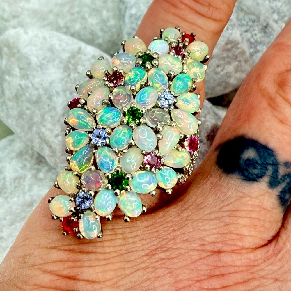 Premium Ethiopian Welo Opal & MultiGemstone 5.75 ctw Statement Ring Platinum/925 - Picture 13 of 17
